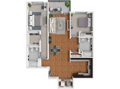 A top-down view of a small apartment layout with a kitchen, living room, and bedroom.